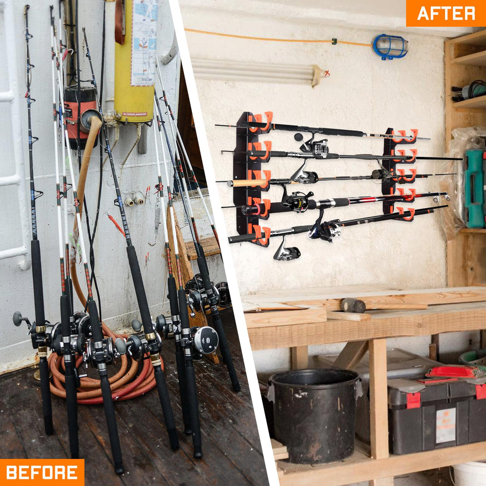 Organized fishing gear stored neatly in living room or workshop