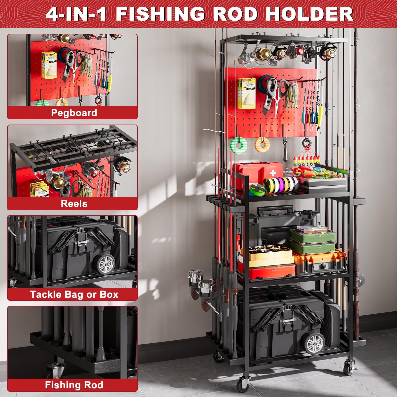 Pegboard panel with hooks for tools and line on the unit