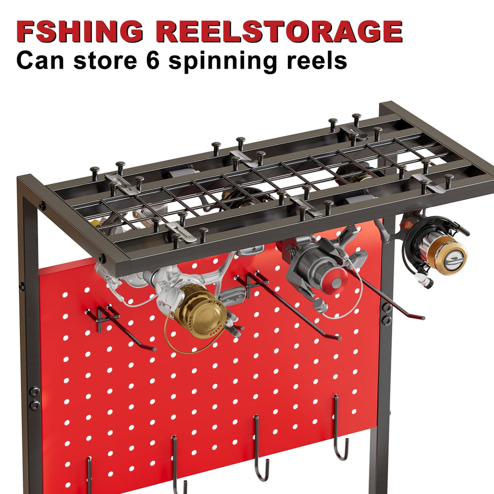 Red-colored garage fishing rod storage rack in use