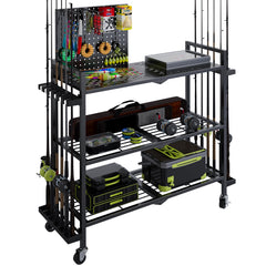 Black 3-tier fishing rod rack designed for garage storage