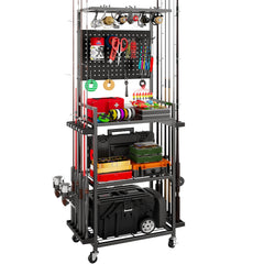 Black garage fishing rod holder with wheels and pegboard storage