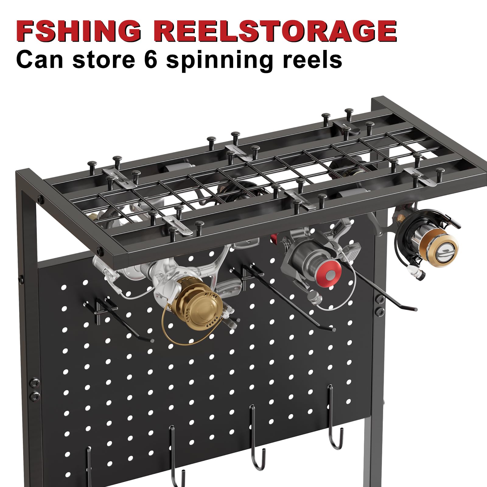 Organized fishing gear in garage with black storage rack