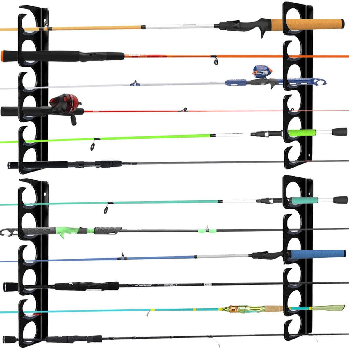Heavy-duty metal fishing rod rack mounted on wall holding 12 rods