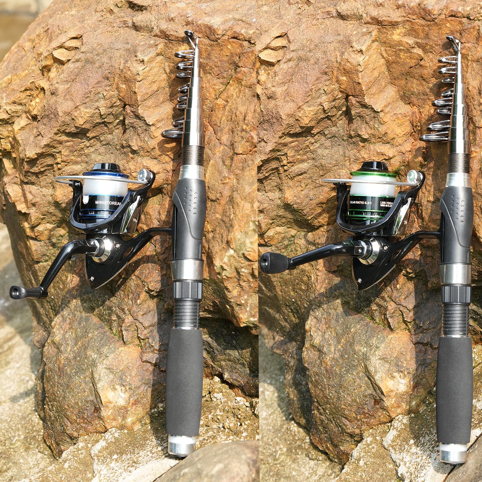 Fishing pole combo with reels and lures ready for travel