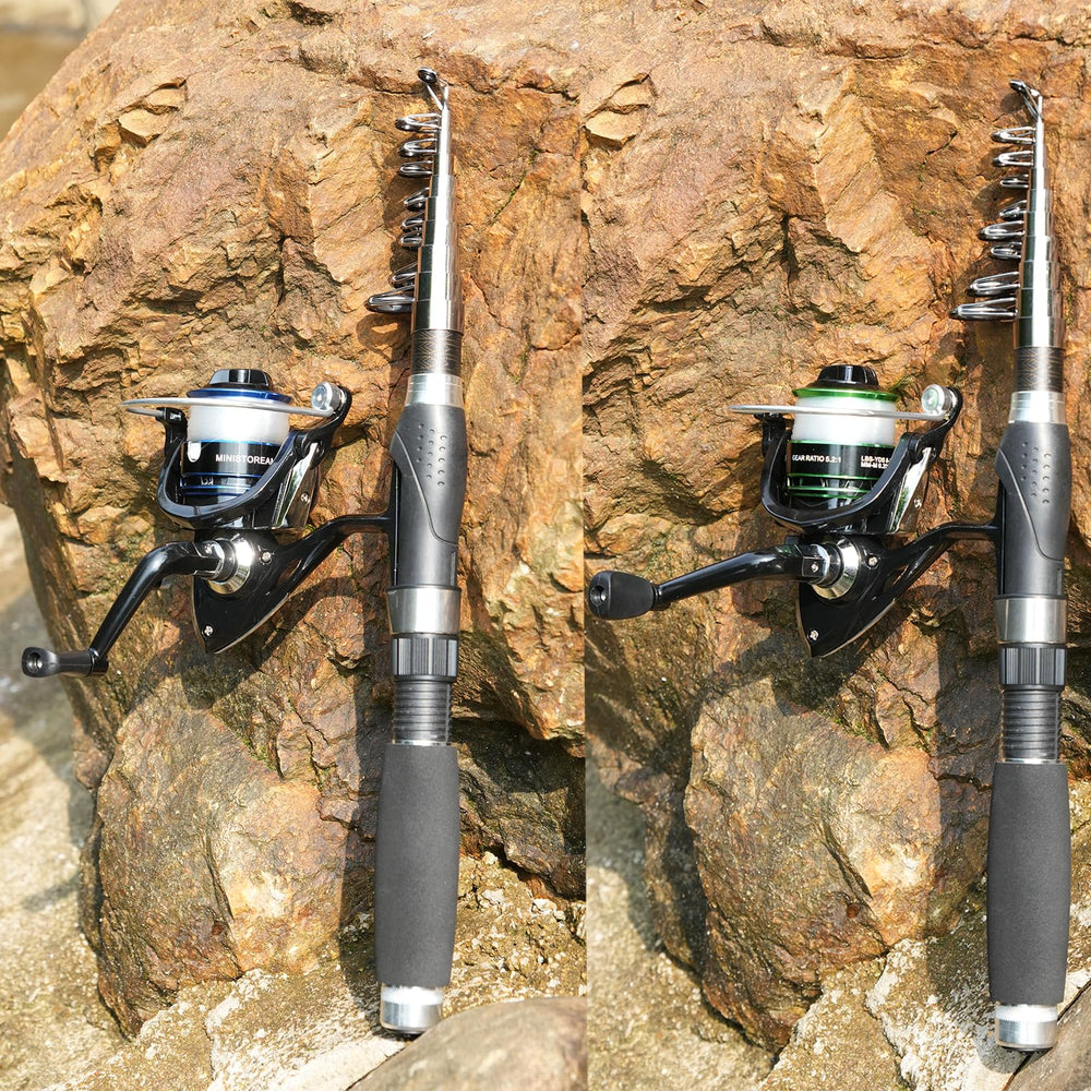 Fishing pole combo with reels and lures ready for travel