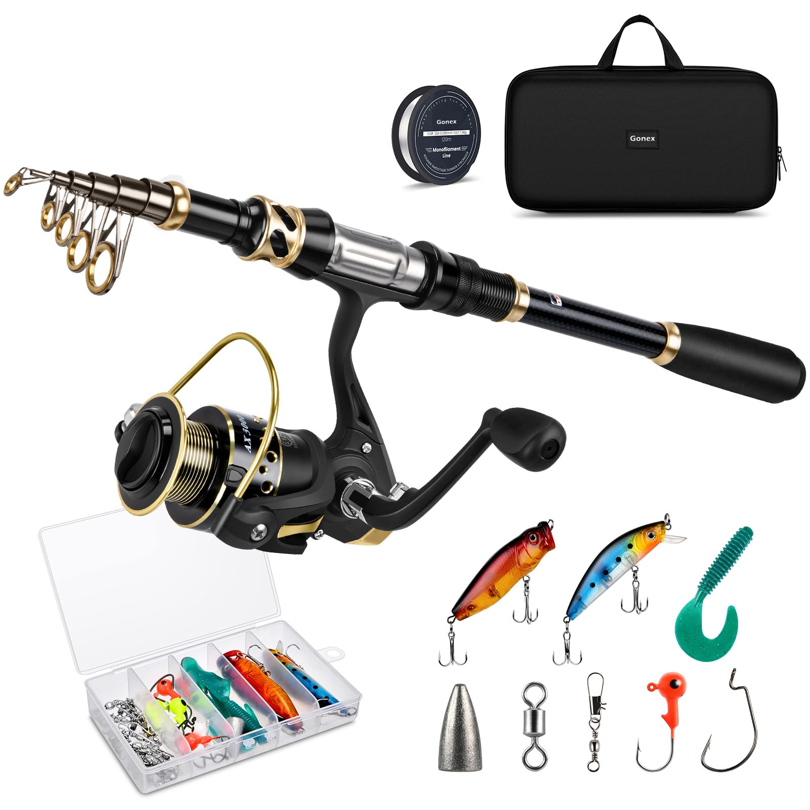 Telescopic fishing rod with reel, carrier bag and accessories