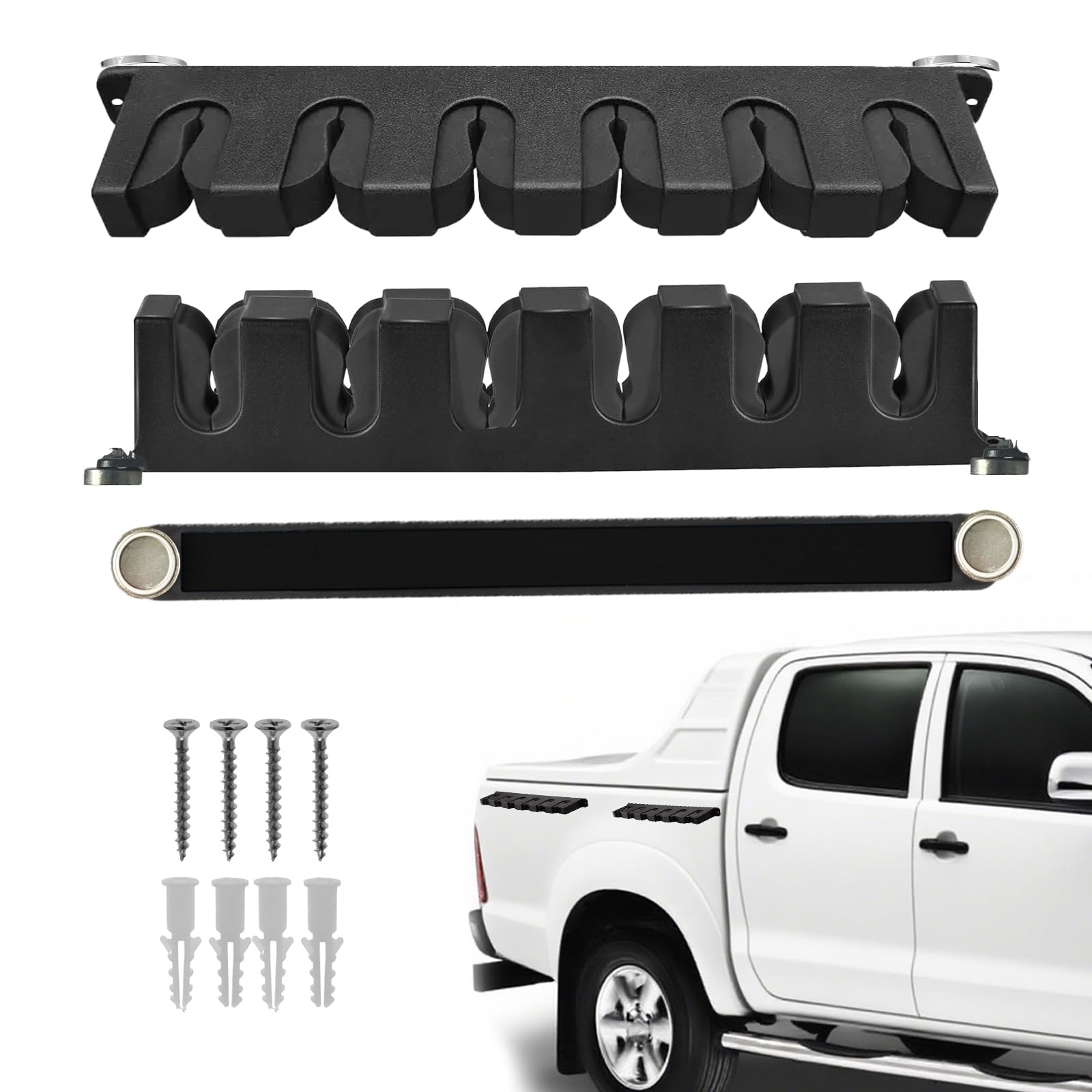 Two-piece magnetic fishing rod and snowboard holder mounted on vehicle side