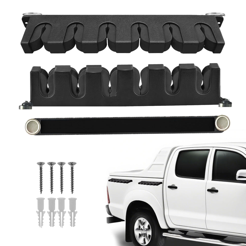 Two-piece magnetic fishing rod and snowboard holder mounted on vehicle side