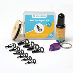 Front view of Fishing Rod Tip Repair Kit with UV-cured adhesive and 10 tips