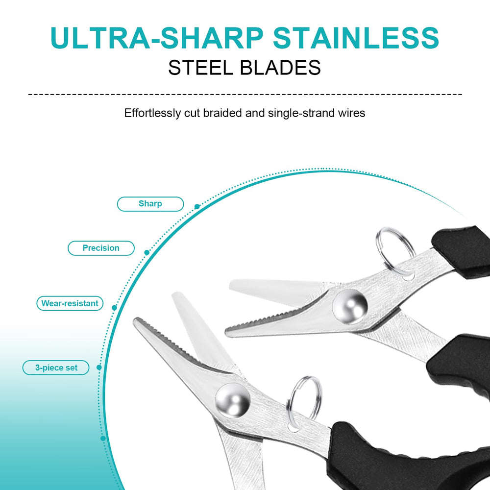 Ergonomic grip with blunt tip safety on fishing scissors