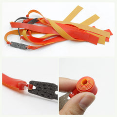 Yellow-red flat bands designed for pressing slingshots with secure load.