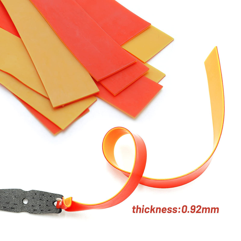 Ten-pack fishing slingshot flat bands in yellow-red provide strong pull for precision shooting.