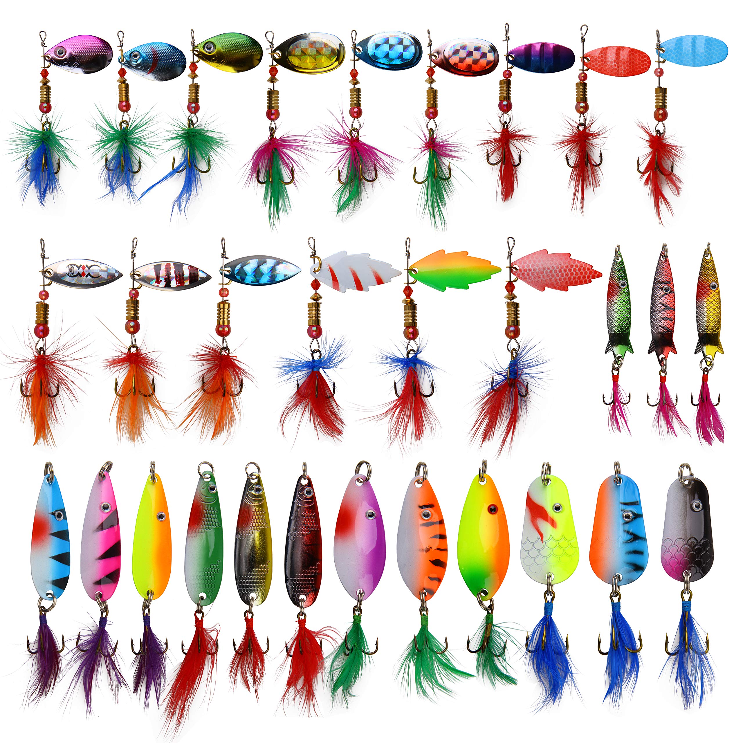 30-piece Fishing Spinner Spoons Kit with feathered treble hooks on display