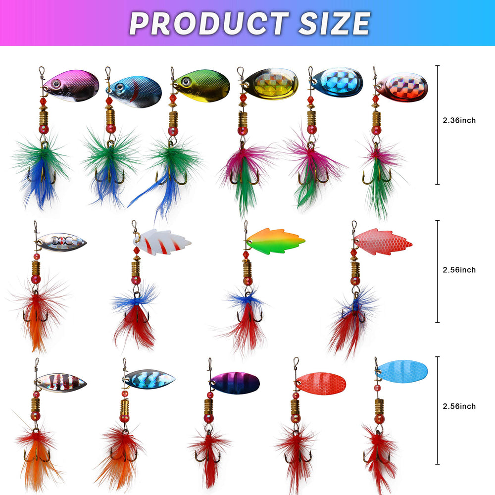 Assorted metal spoon lures from the kit ready for freshwater and saltwater fishing