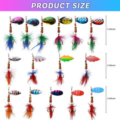 Assorted metal spoon lures from the kit ready for freshwater and saltwater fishing
