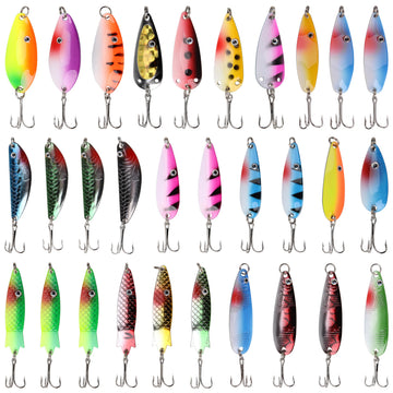 Assorted 30-piece fishing spoons kit displayed in a PVC box