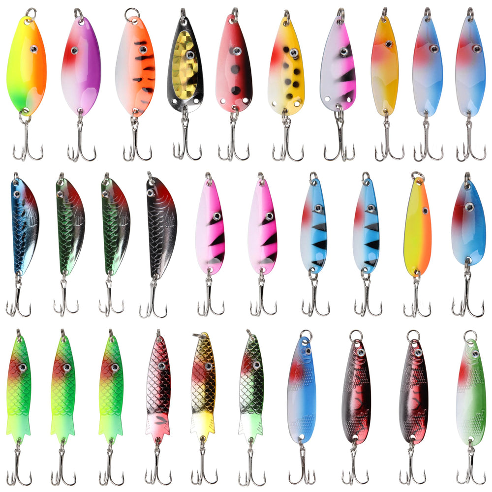 Assorted 30-piece fishing spoons kit displayed in a PVC box