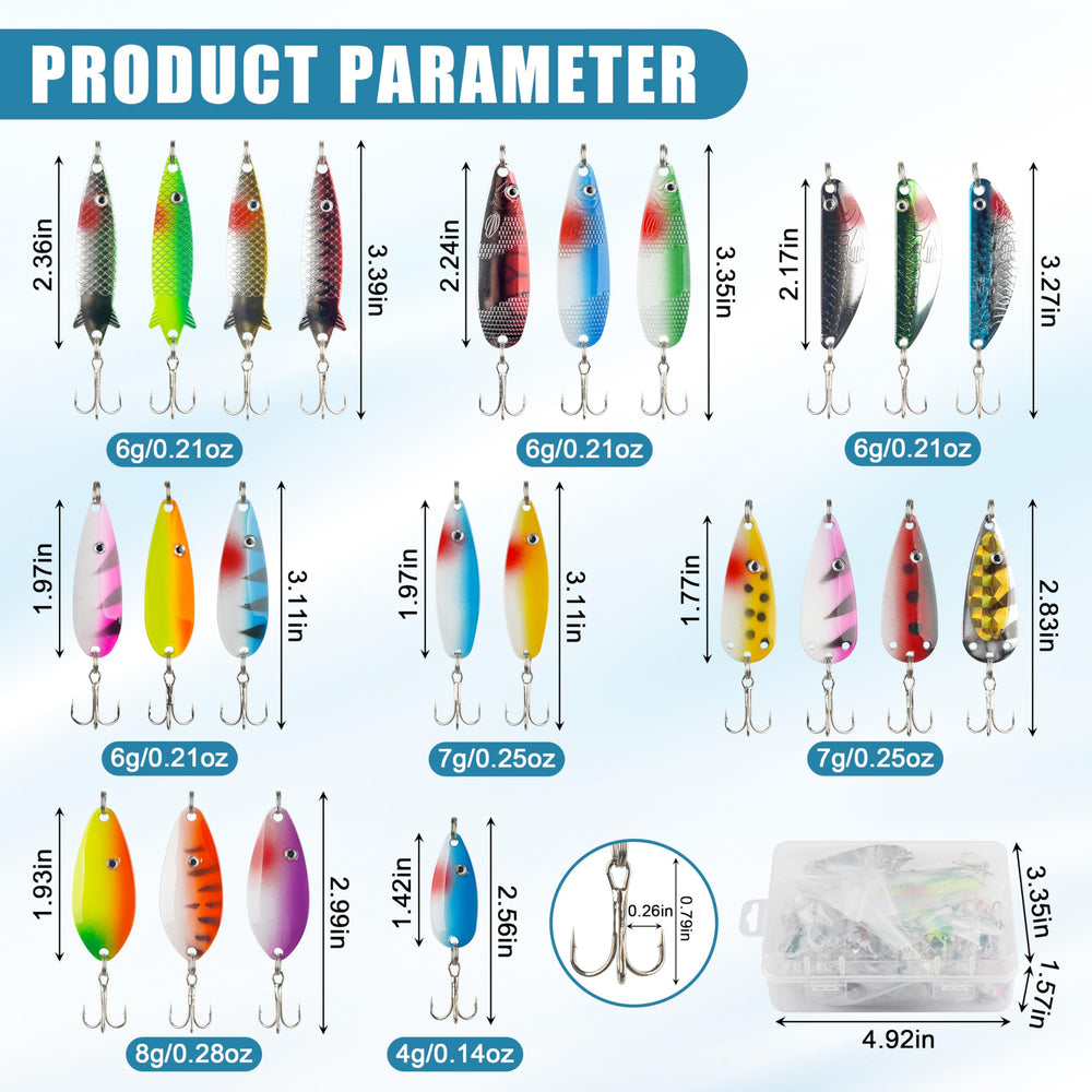 Assorted colors of fishing spoons to attract trout, bass, and walleye