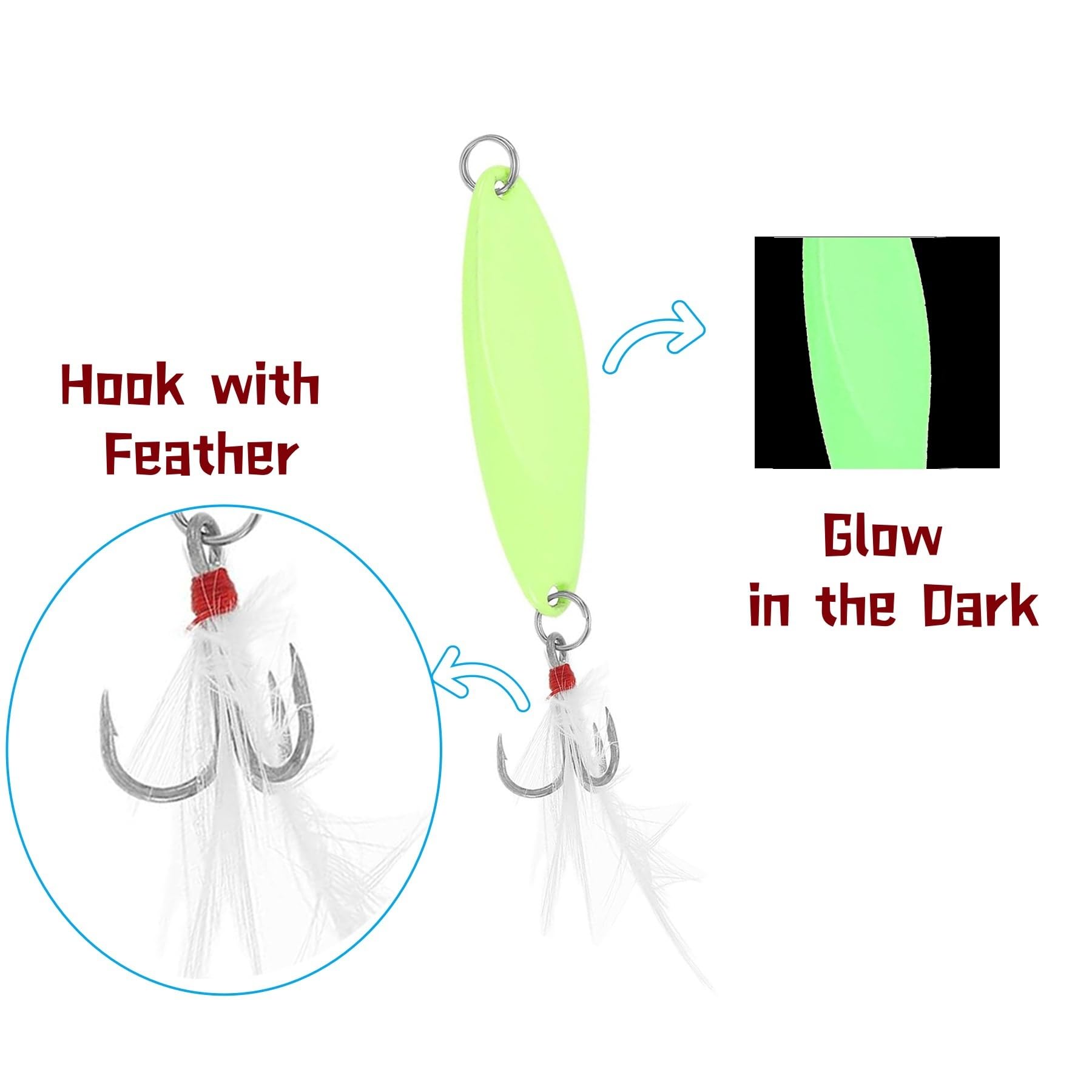 Zinc alloy fishing spoon with treble hooks and glow effect