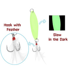 Zinc alloy fishing spoon with treble hooks and glow effect