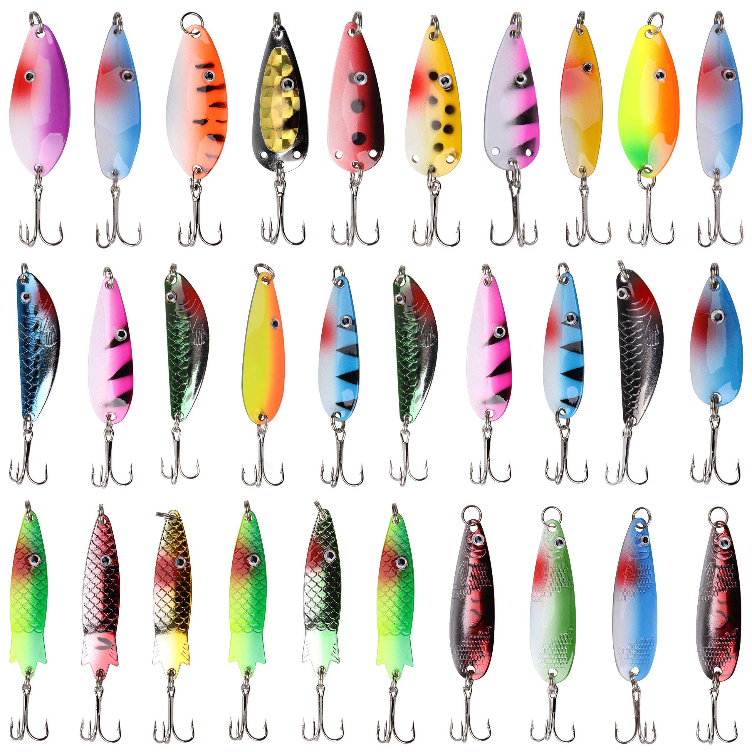 Assorted metal spoon lures with vibrant patterns in a tackle box