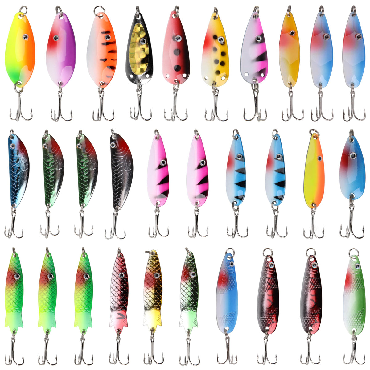 Close-up of a 30-piece Fishing Spoons Metal Lures Kit in a PVC box