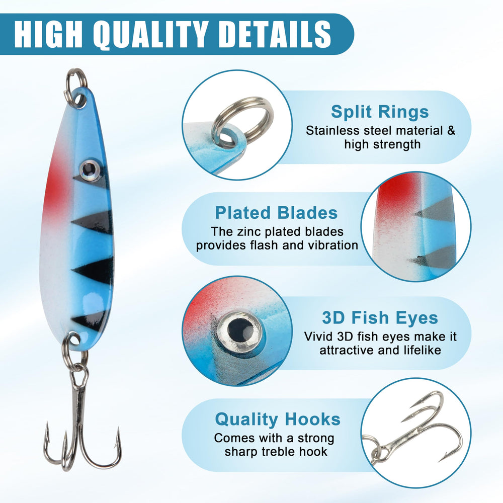 Colorful metal lure spoons with treble hooks for fishing