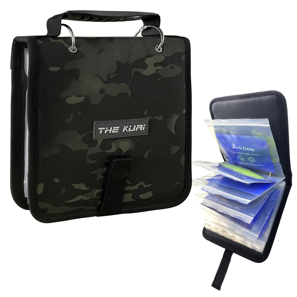 Front view of Thekuai fishing tackle binder in black camouflage