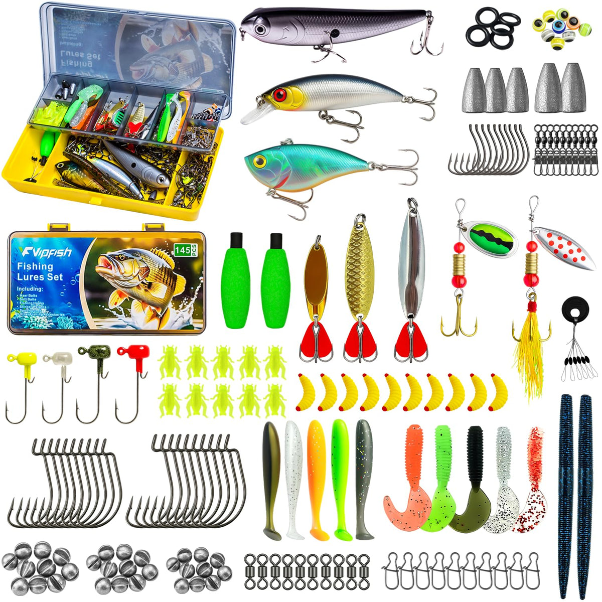 145-piece fishing tackle kit display with lures and terminal tackle