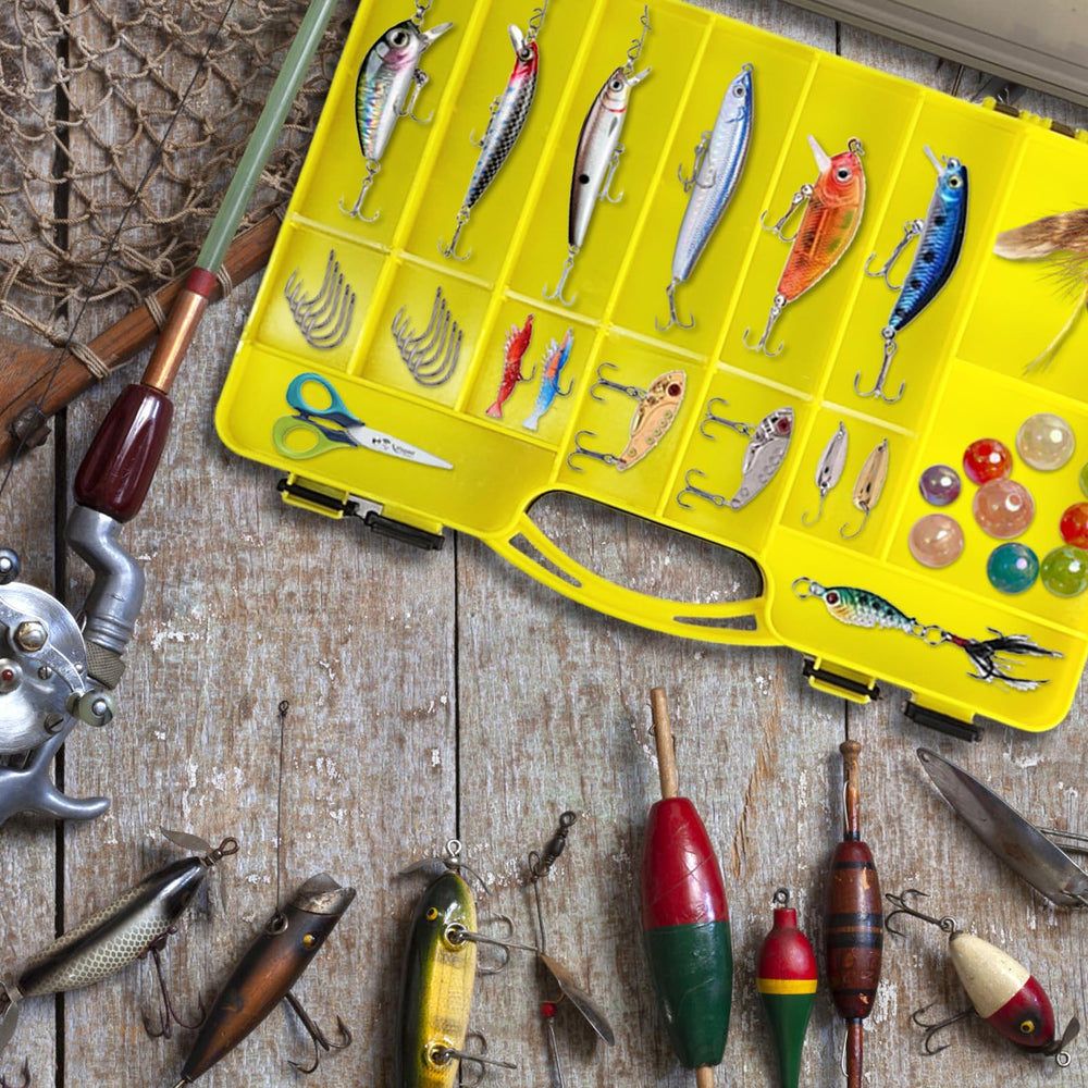 Open tackle box showing double-sided design