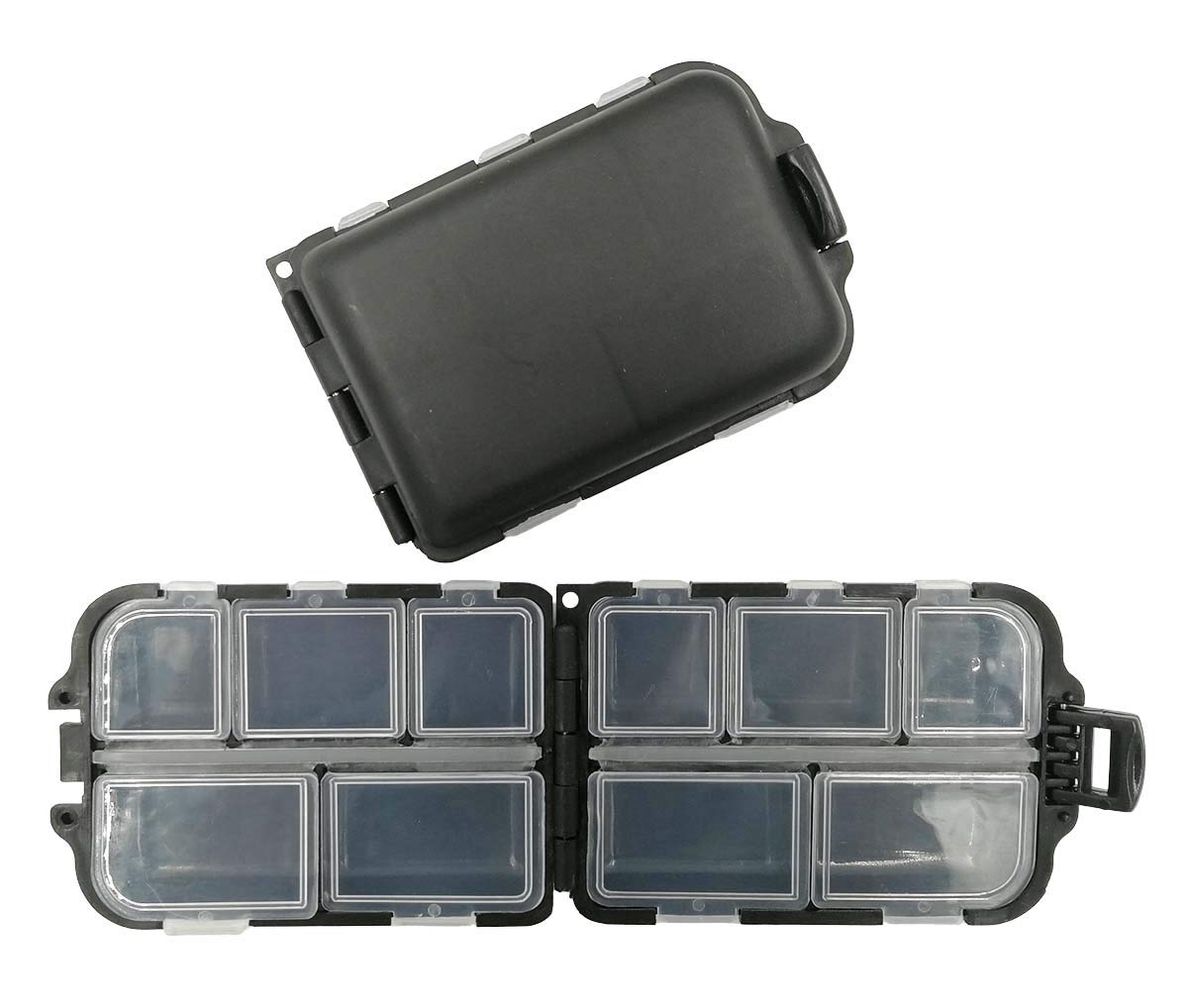Two-pack small portable fishing tackle box in black with 10 compartments