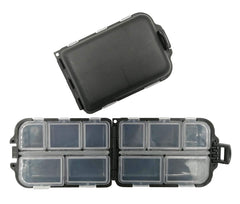 Two-pack small portable fishing tackle box in black with 10 compartments