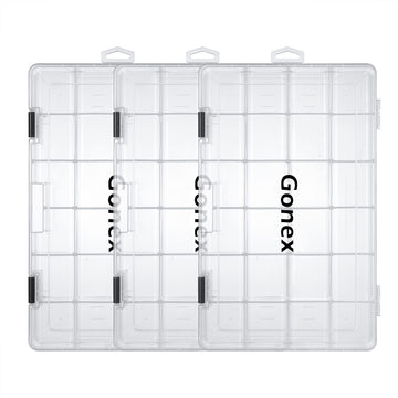 Clear plastic tackle box filled with fishing accessories
