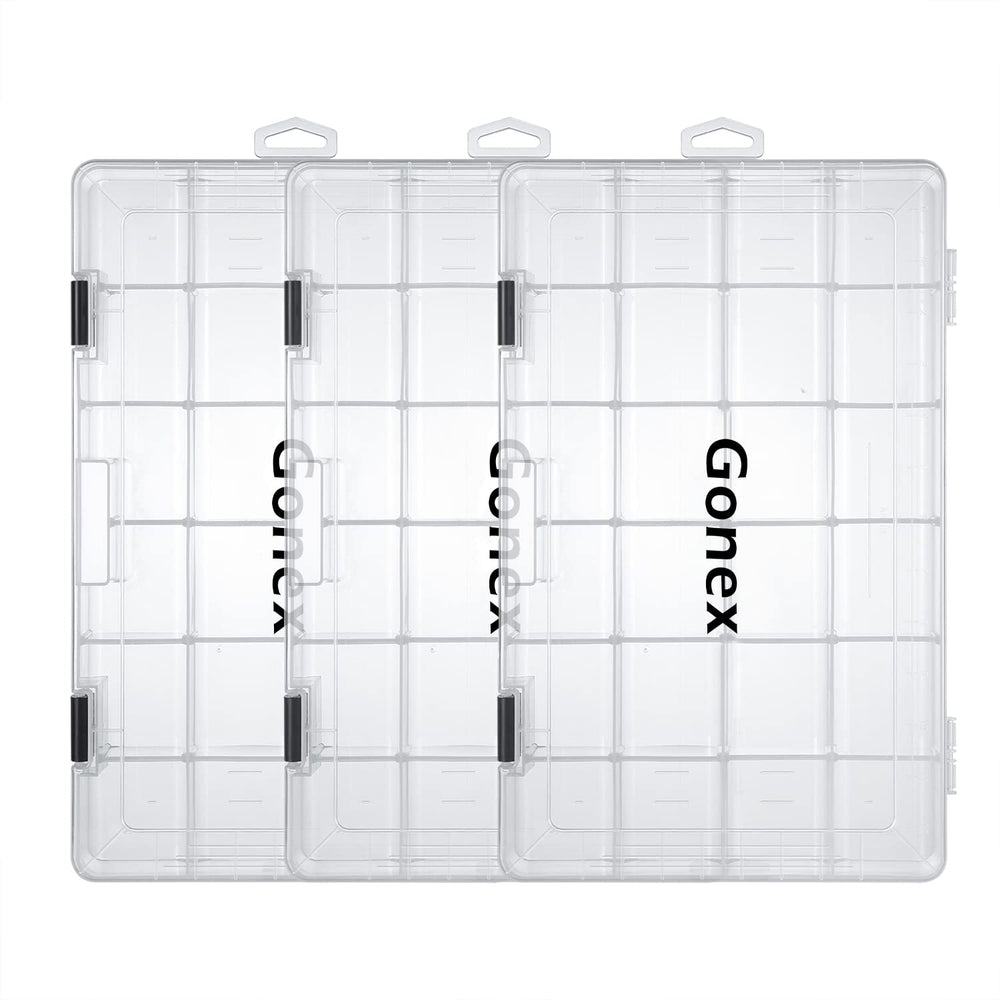 Clear plastic tackle box filled with fishing accessories