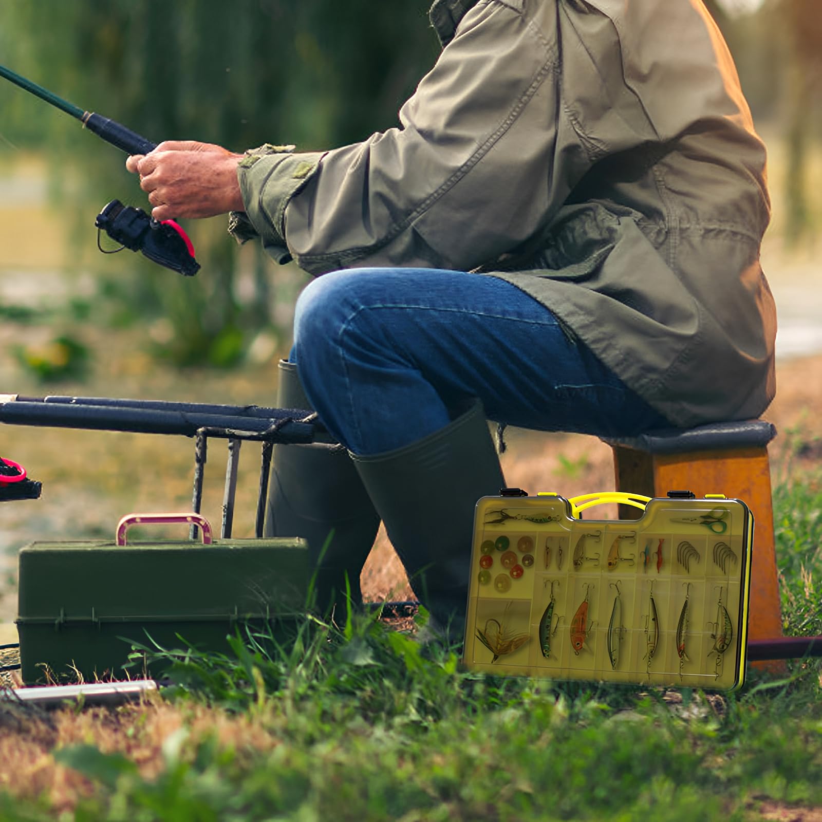 Tackle box with bait inside and compartments visible