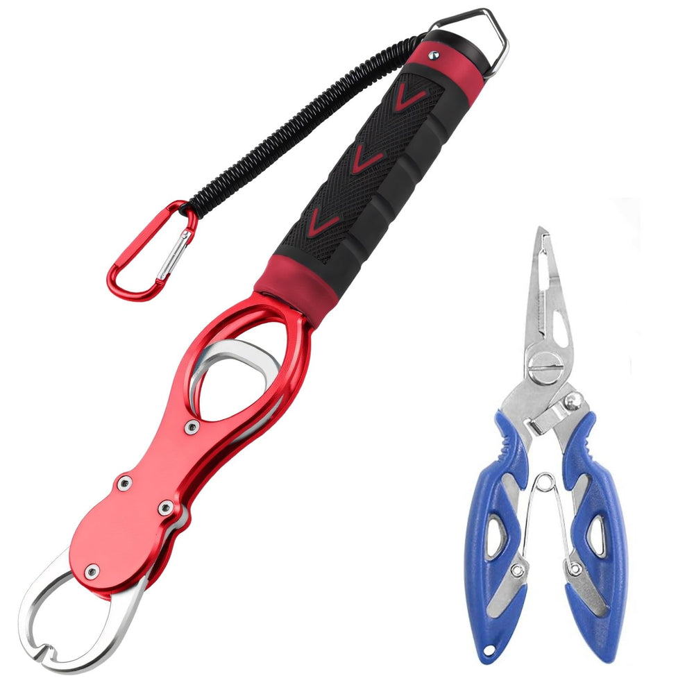 Fishing tool set in zippered case with pliers and knife
