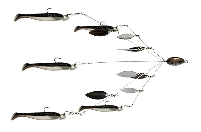 Fully rigged bass lure setup showing five arms and blades