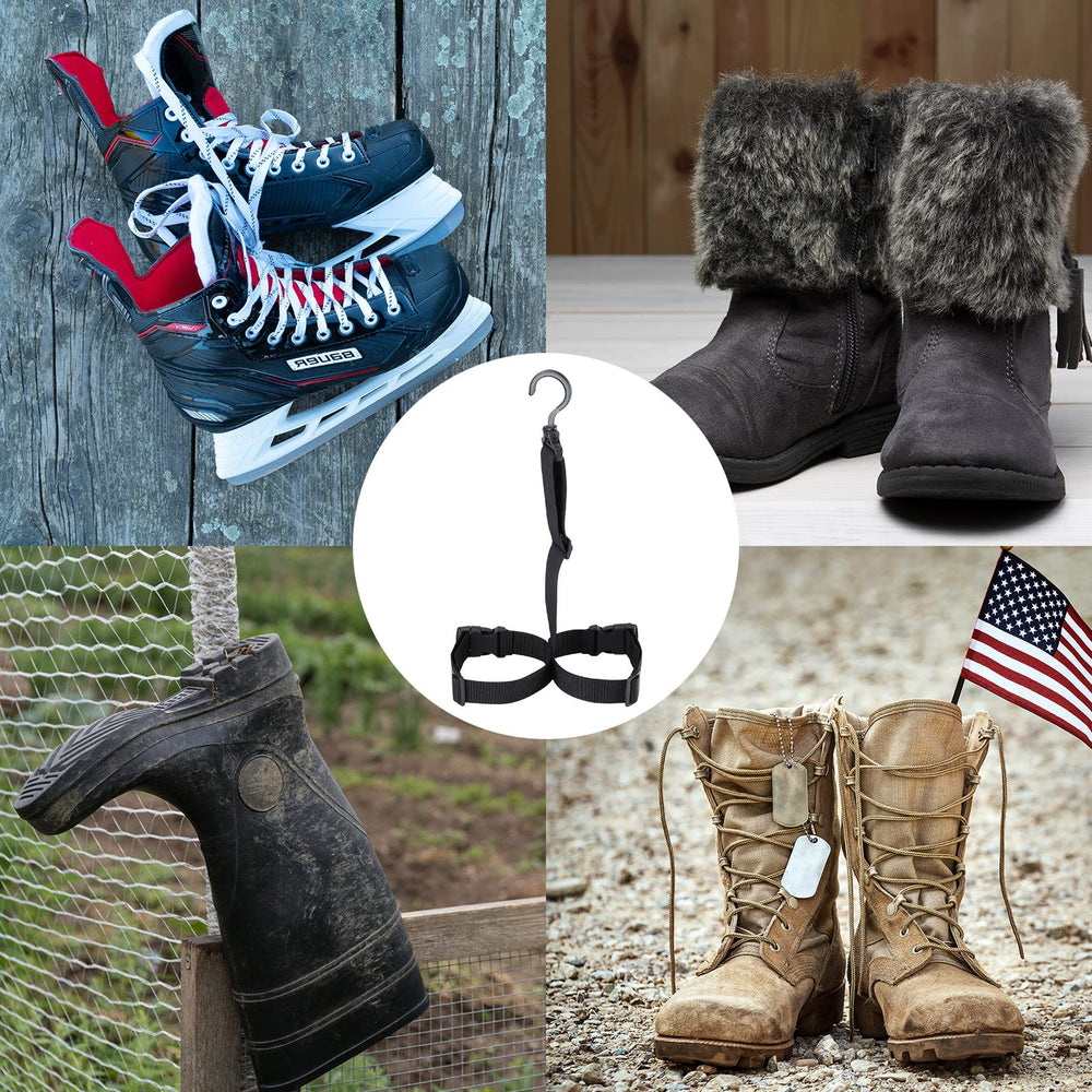 Fishing boots hanging from swivel hooks to dry
