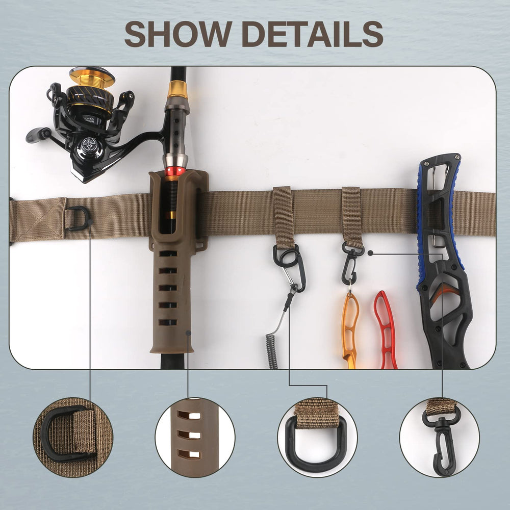 Fishing pole holder and water bottle ring integrated into belt