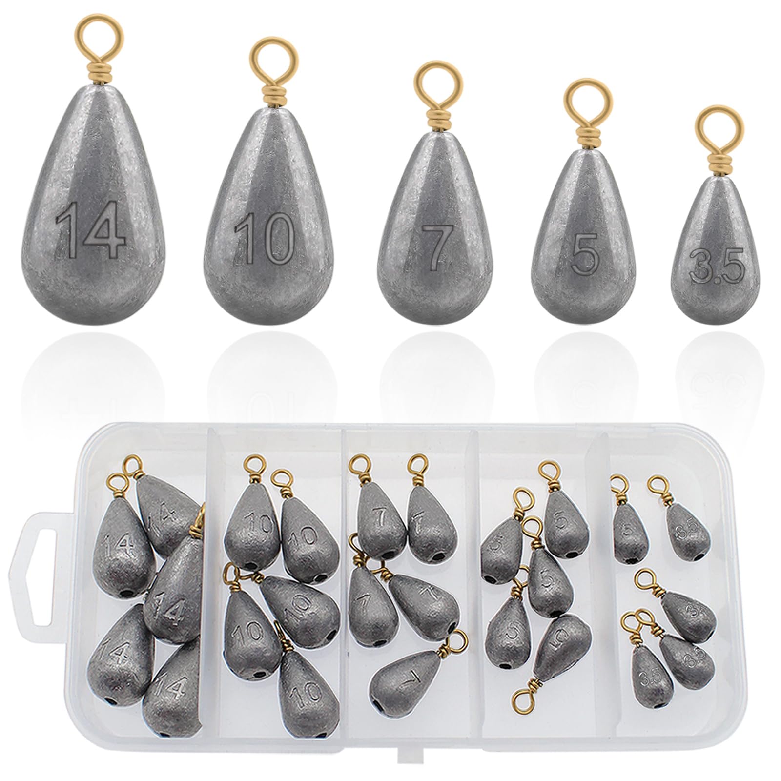 25-piece fishing weights sinkers kit in a tackle box with five sizes