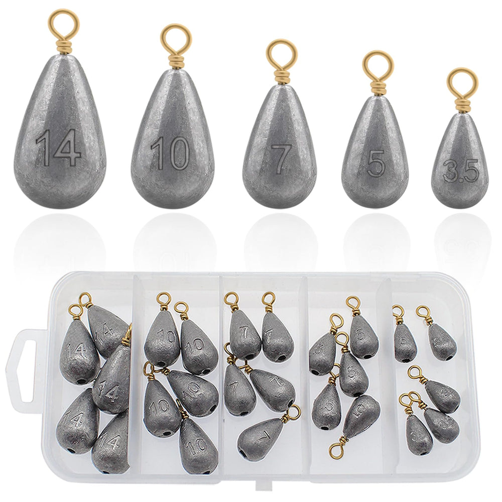 25-piece fishing weights sinkers kit in a tackle box with five sizes