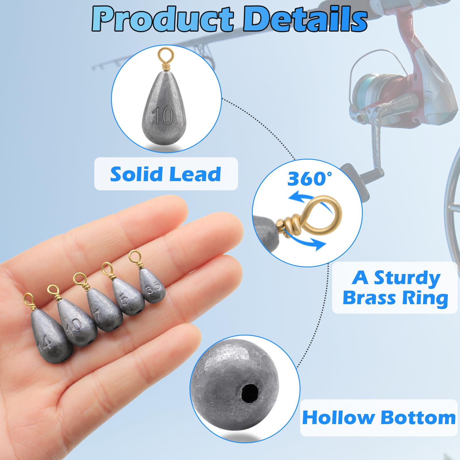 Brass swivel on weights rotates 360 degrees to prevent line twist