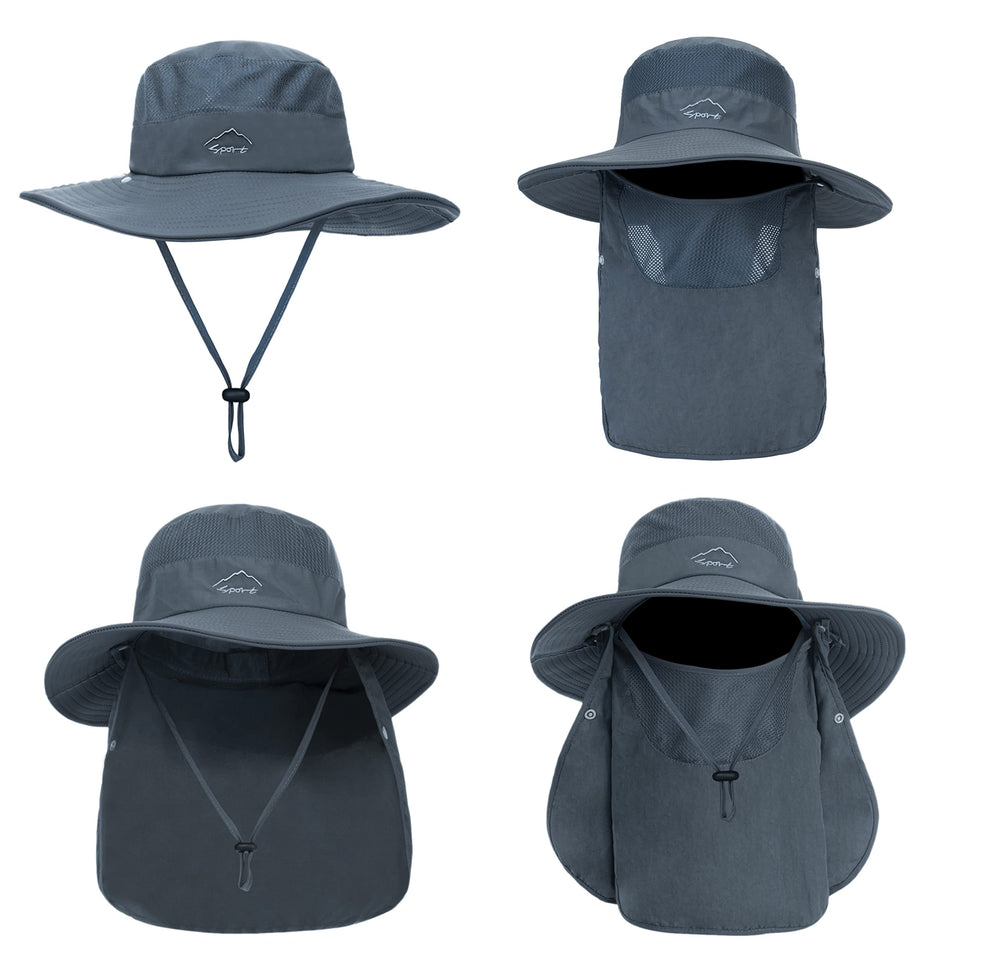 Dark grey fishing hat for men with neck flap - side view
