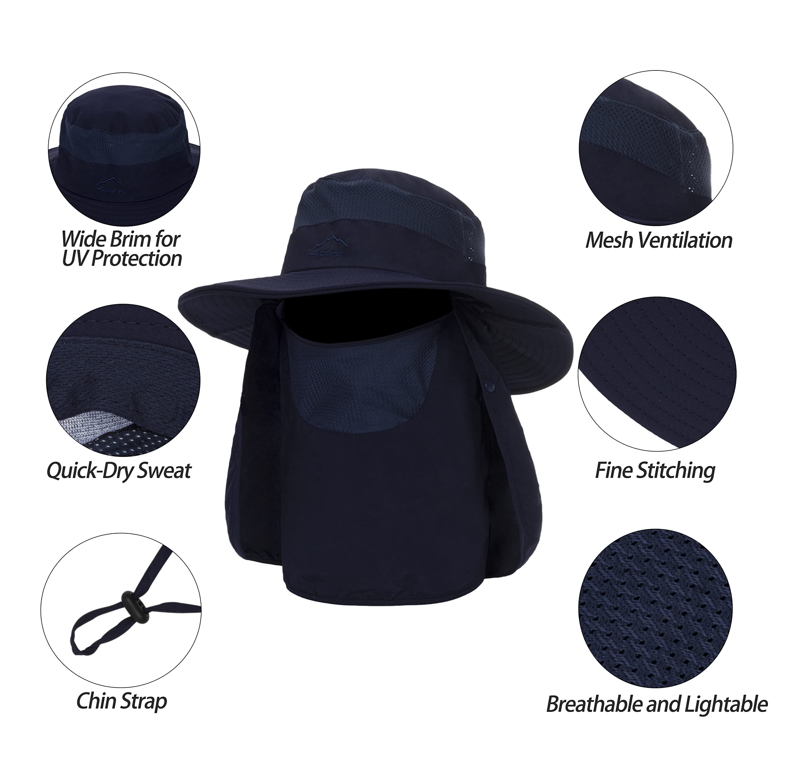 UPF 50+ sun protection label on navy hat