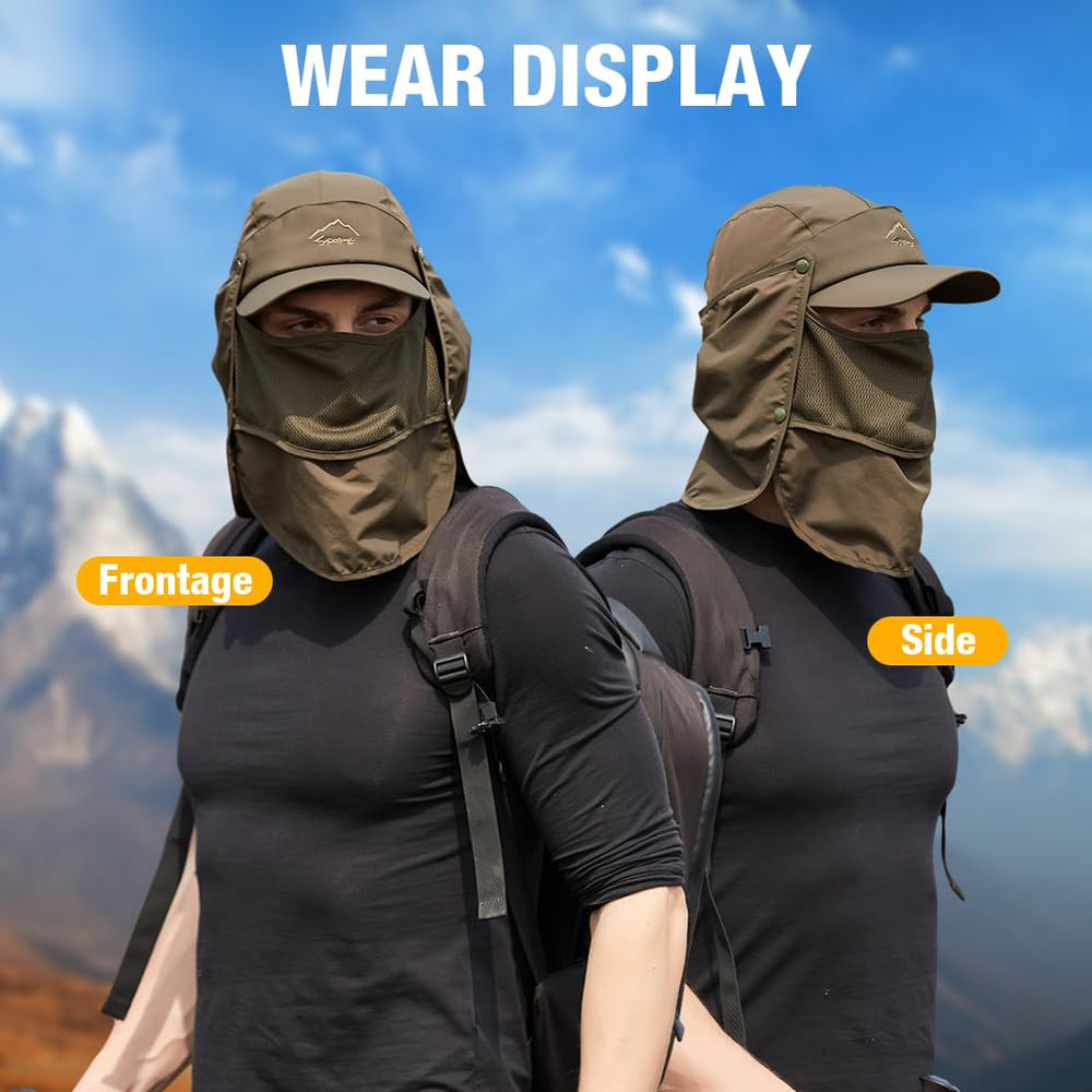 6-in-1 sun protection hat features: mesh mask, neck flap, and UPF50+ fabric