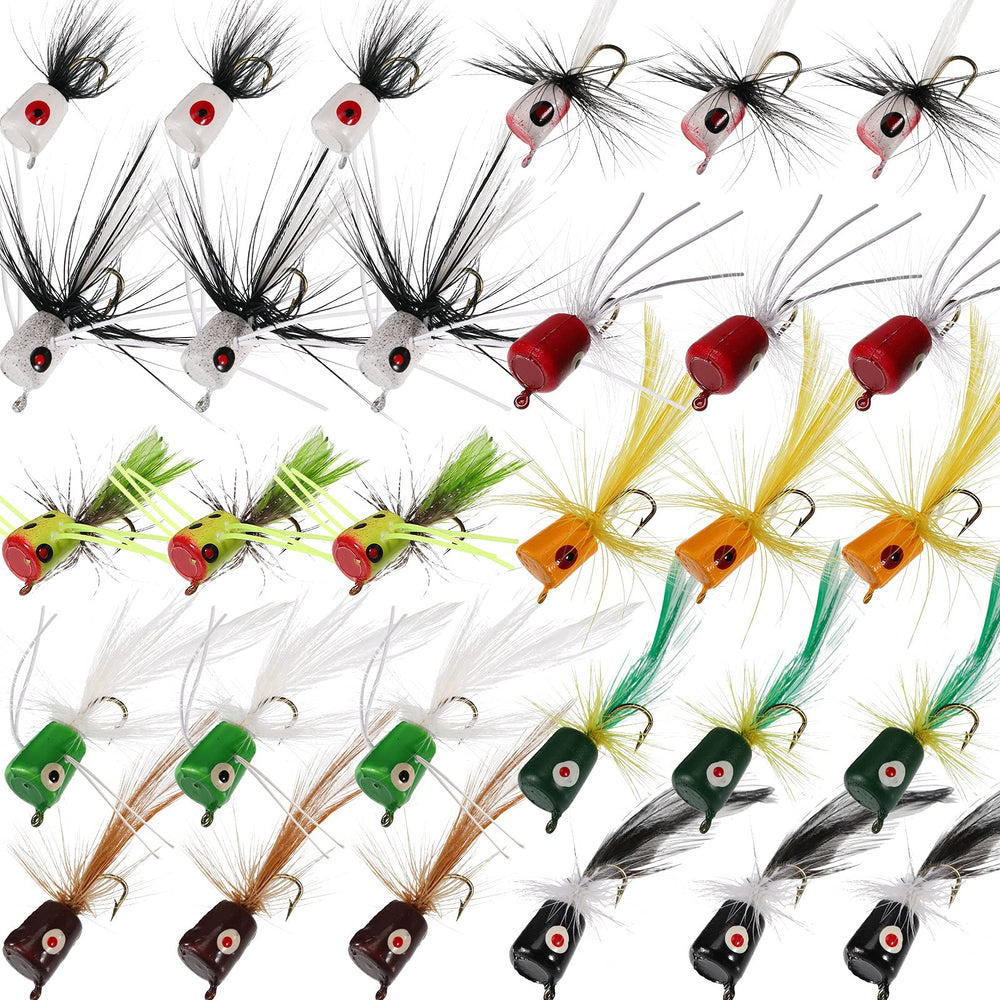 Assorted 30-piece fishing lures kit with colorful bass poppers