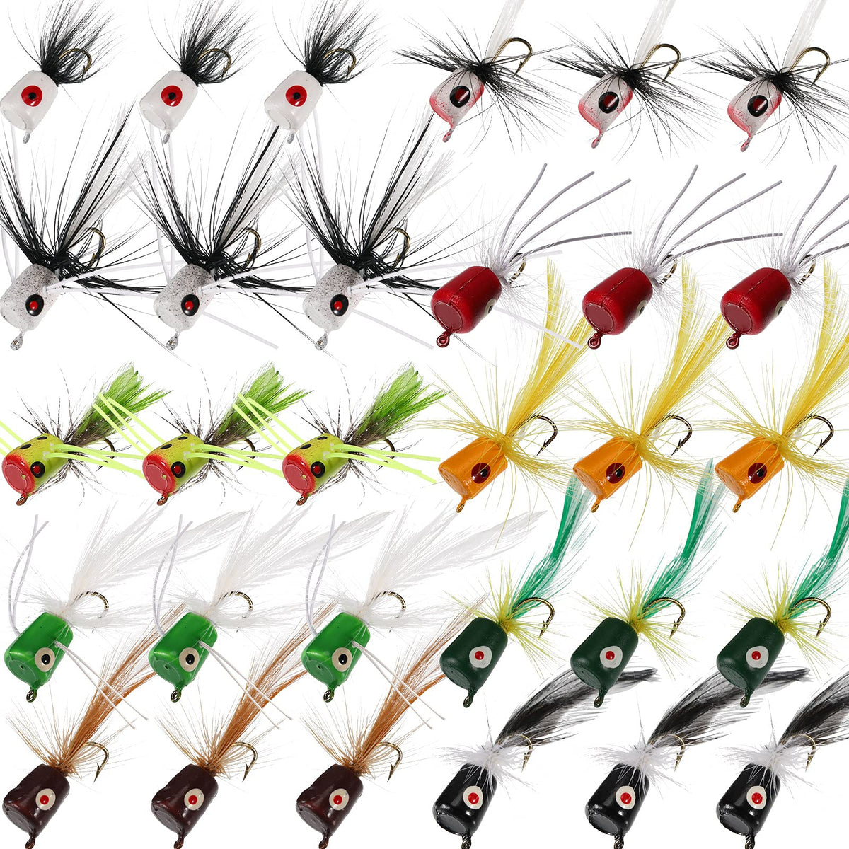 Assorted 30-piece fishing lures kit with colorful bass poppers