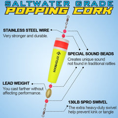 Close-up of 4-inch, 3/4 oz popping cork for saltwater bobbers