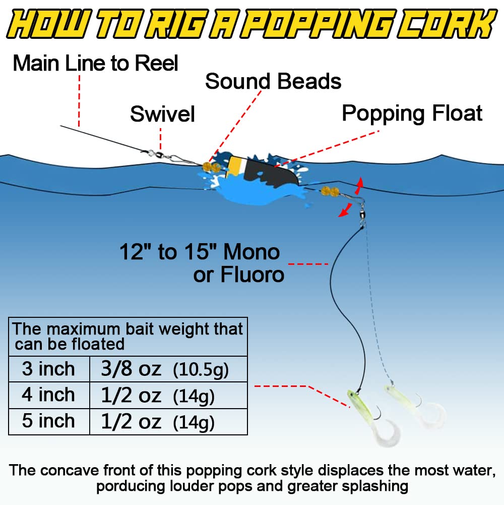 Side view of buoyant popping corks for saltwater rig