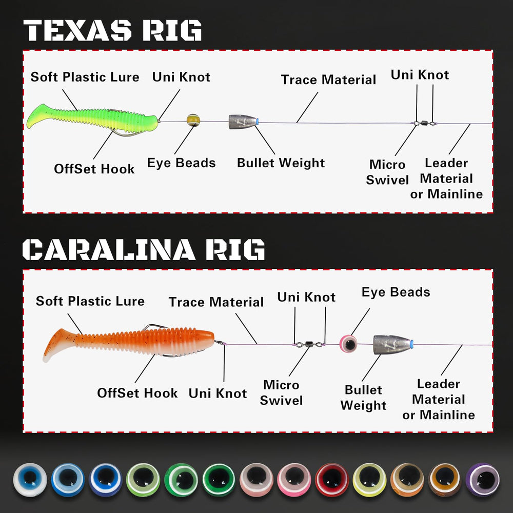 Fishing rigs using eye beads for spinners, Texas rigs, and Carolina rigs